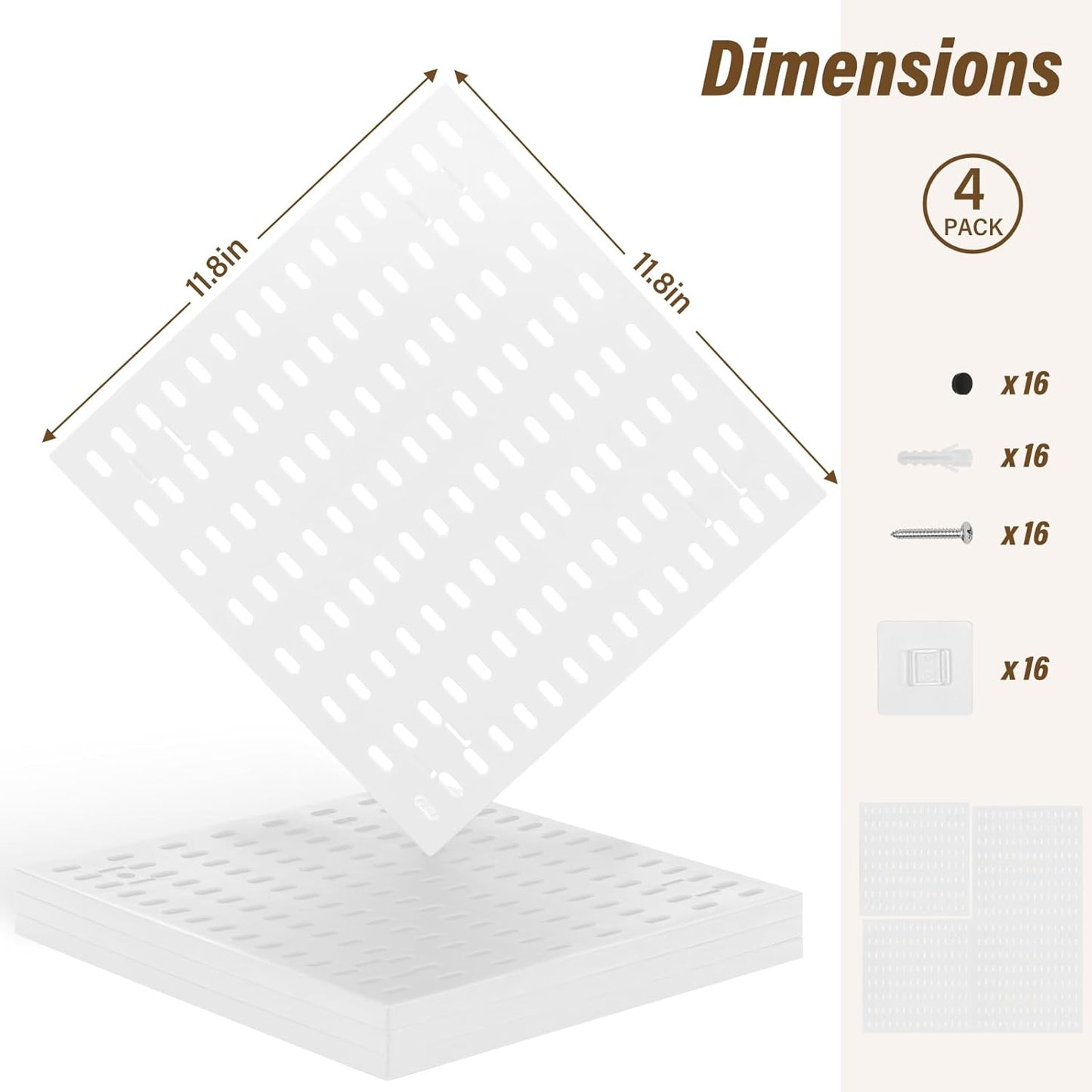 AKTOP Peg Board Wall Organizer 4-Pack – 12"x12" Plastic Pegboard Panels for Walls, White Desk Wall Mount Peg Board for Home, Office, Garage Tool Storage & Craft Room