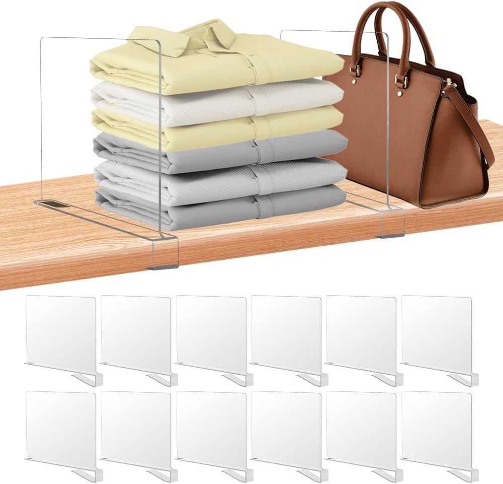 12 Pack Acrylic Shelf Dividers for Closet Organization, Purse Organizers for Closet, Clothing Dividers, Handbag Organizers for Shelves Separator Clear