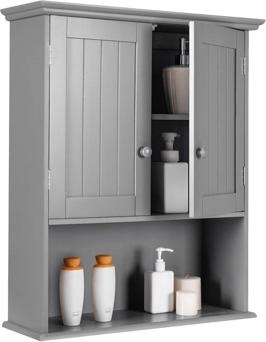 Tangkula Wall Mount Bathroom Cabinet Wooden Medicine Cabinet Storage Organizer with 2-Doors and 1-Shelf Cottage Collection Wall Cabinet (Grey)