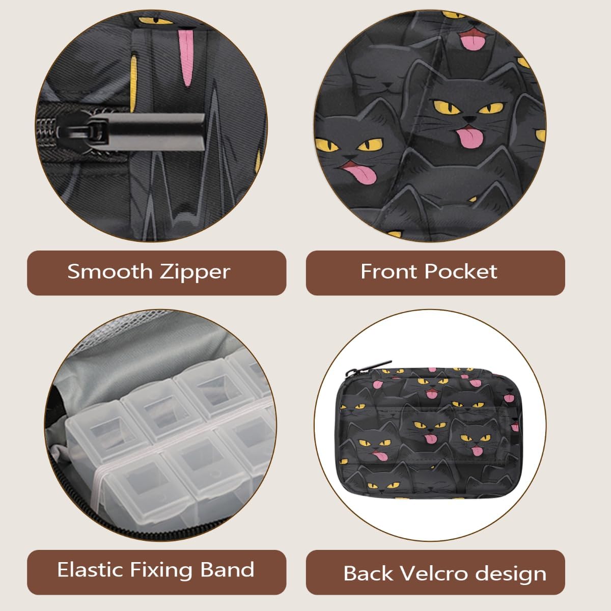 Funny Black Cat Pattern Pill Organizer Travel Medicine Case with Zipper Daily Vitamin Storage Bag Portable 8 Slot Weekly Pill Box Supplement Holder for Home Office Gym Travel