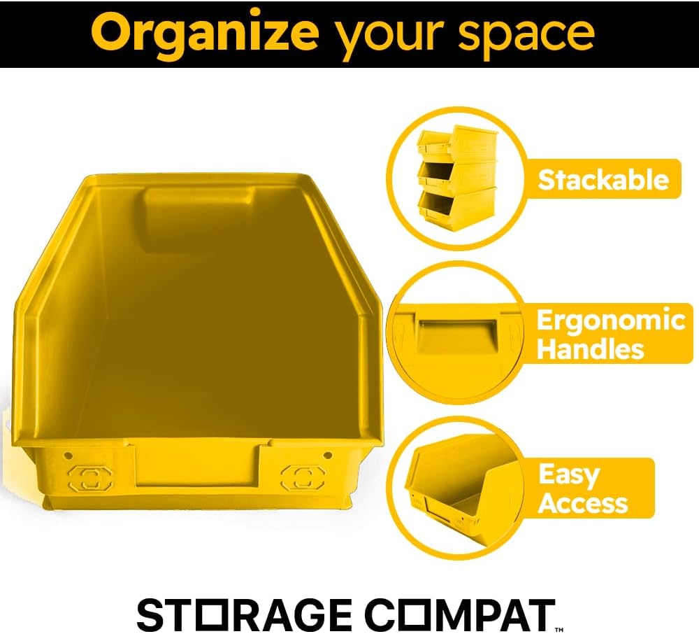 6-Pack Storage Bins, Wall Mount, Stackable & Freestanding, 12”x 8” x 6” Plastic Organizers, Utility Containers for Garage, Home, Workshop, Yellow