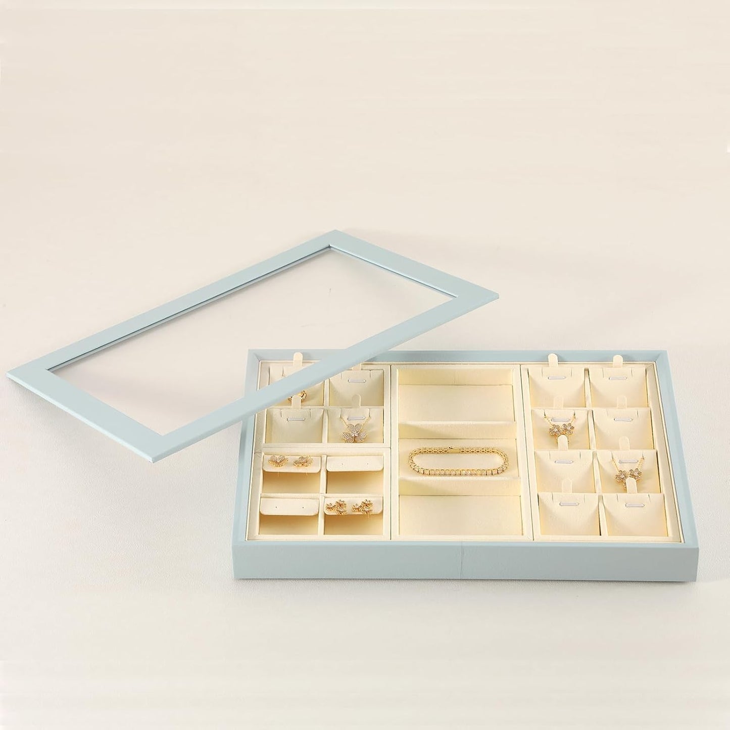 Dark Blue Jewelry Display Tray Ring Necklace Earring Bangle Organizer Multifunctional Storage Case for Jewelry Showcase (Long 3 Grids Tray(beige))