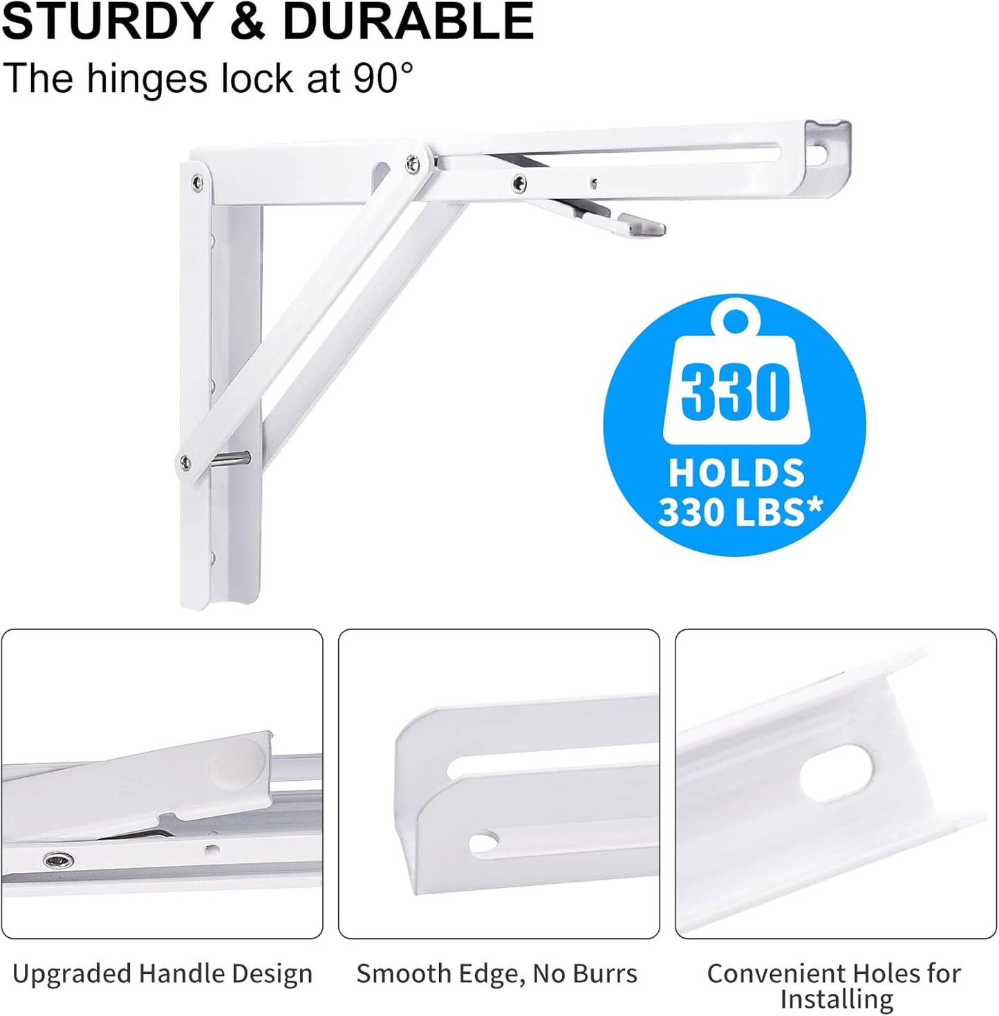 YUMORE Folding Shelf Bracket Heavy Duty, 12 Inch White Collapsible Shelf Bracket, DIY L Bracket for Workbench Folding Table Hinge, Max Load: 330lbs, 2 Pack