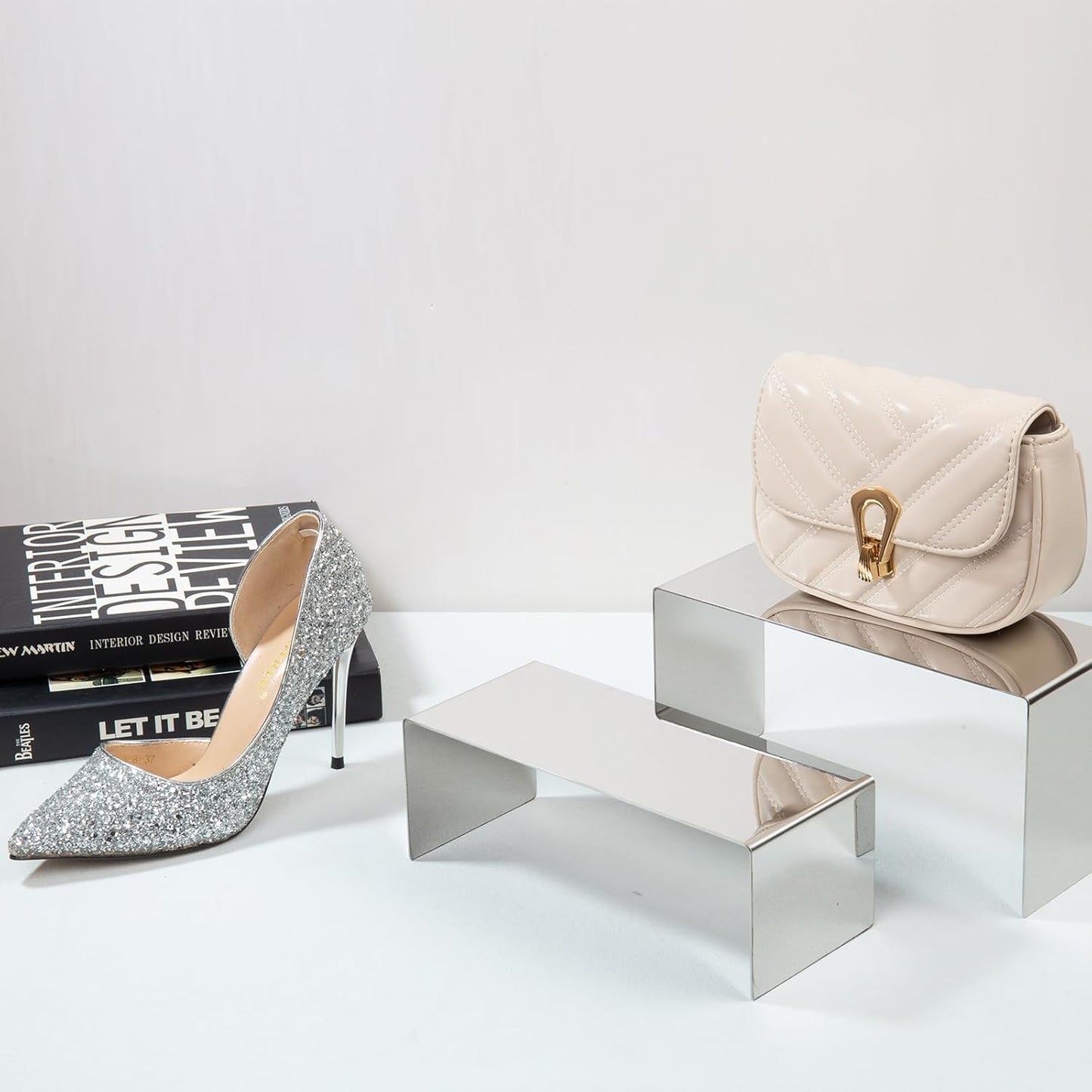 Purse Display Stand, 3 Silver Risers Display Stands Stainless Steel, Heavy Duty Countertop Shoes Stand Handbag Holder Risers for Home Boutique Retail Store Vendor Display Bags Perfume Jewelry (RCS 50% Recycled Post-consumer Metal)