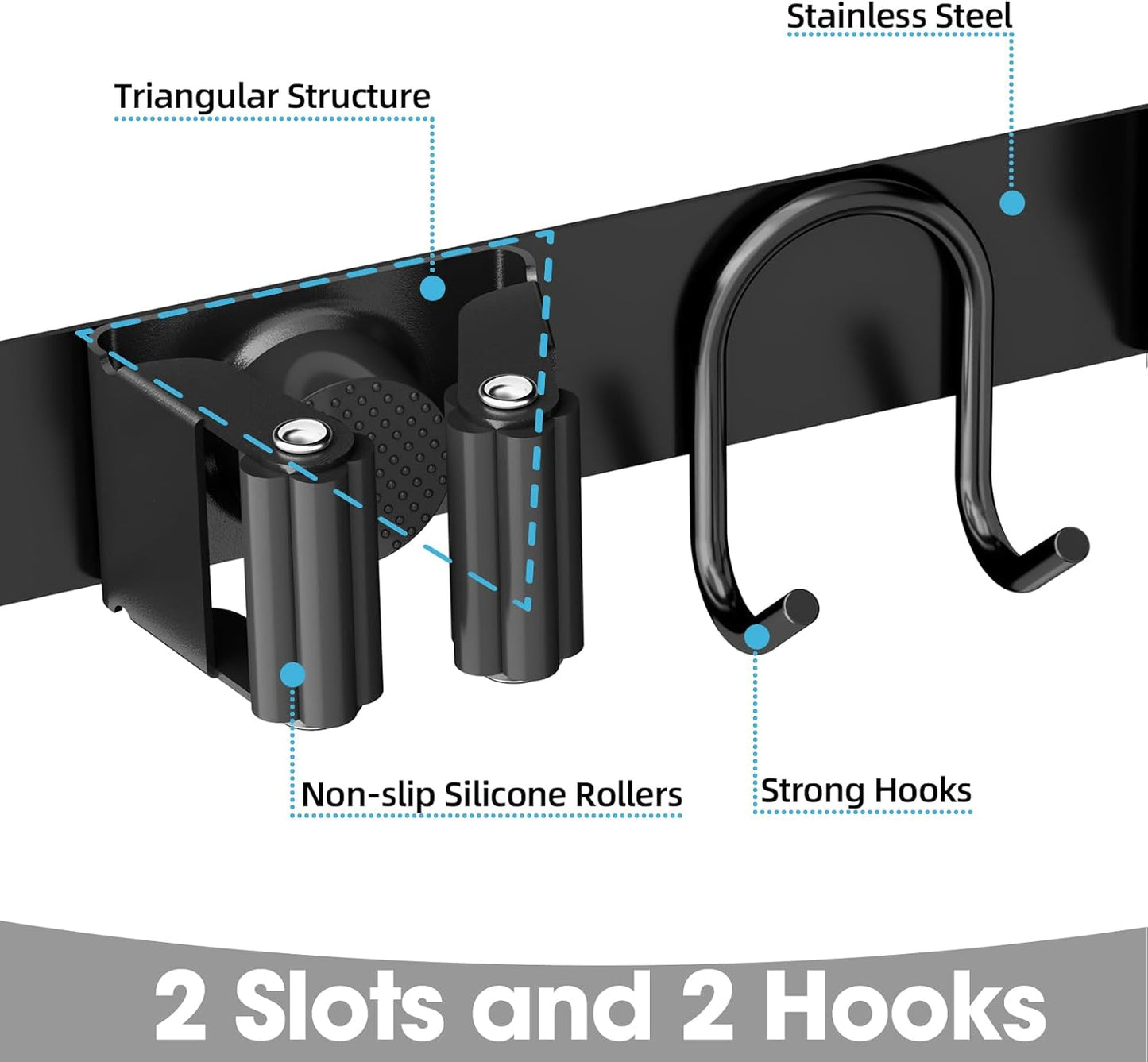 Broom Holder Wall Mount, 2-Pack Stainless Steel Mop and Broom Organizer, Broom Hanger with 2 Slots 2 Hooks for Home Kitchen, Garage, Garden and Laundry Room, Black