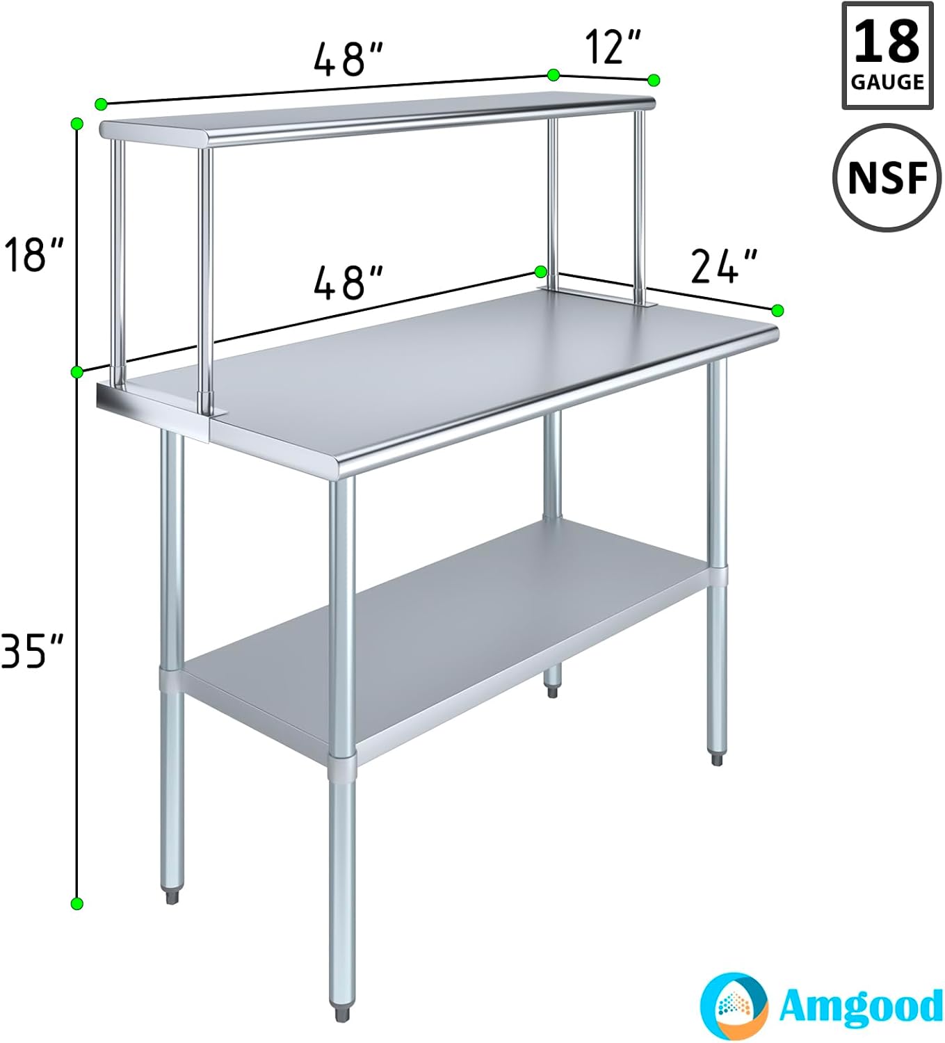 Stainless Steel Work Table with Wide Single Tier Overshelf | Metal Kitchen Prep Table & Shelving Combo (24" x 48" Work Table + 12" Overshelf)