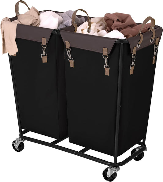 StorageWorks 280L Large Lanudry Hamper with Wheels, Laundry Basket with Wheels 2 Sections, Clothes Sorter Cart with Divider for Hotel, Home, Black, 1-Pack