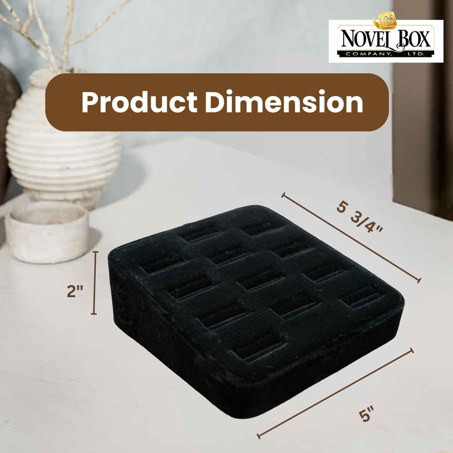 Novel Box 12-Slot Black Velvet Rings/Earrings/Cufflinks Holder Tray 5.75x5x2 Inches - Ring Holder Organizer for Selling or Personal Use - Jewelry Display Trays for Special Occasions