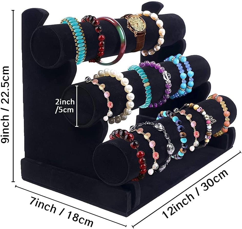 Barelove Velvet Bracelet Holder with 3 Tier Rack, Black T-Bar Storage Organizer Detachable Display Stand for Necklace Watch Bangles Bracelets Scrunchies Organization Showcase