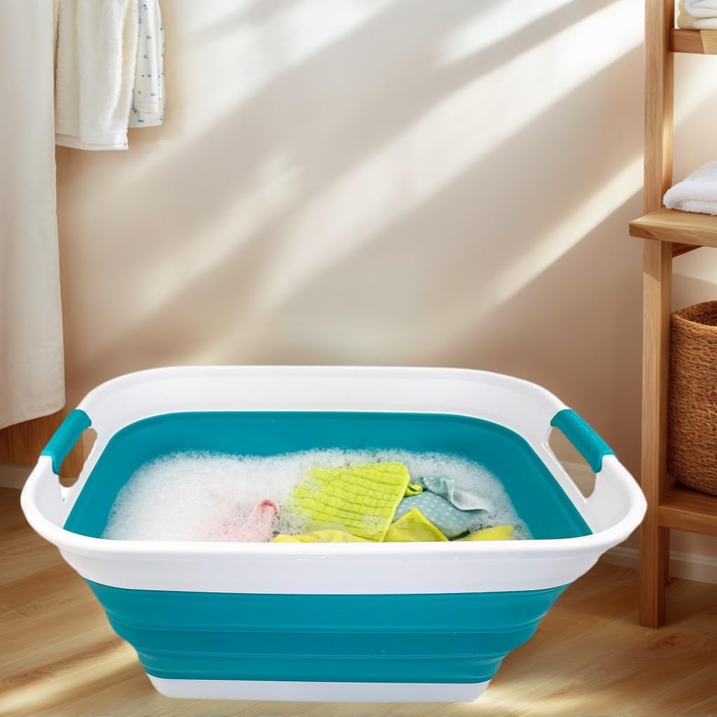 SAMMART 27L (7.1 Gallons) Collapsible Plastic Laundry Basket with Handle-Foldable Pop Up Storage Basket with handle (1, White/Ceramic Blue)