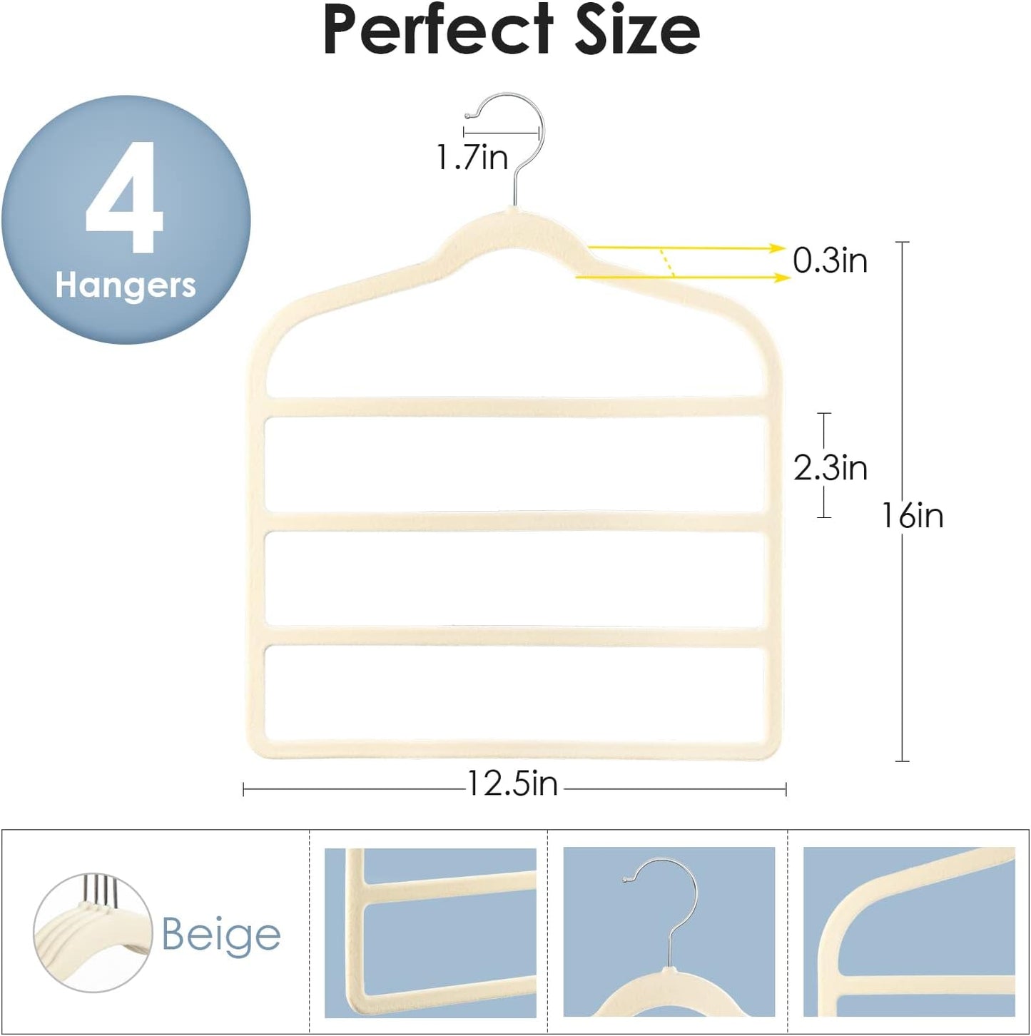 Velvet Hangers Space Saving Non Slip Pant Velvet Hangers, DUDUCOFU 4 Pack Beige Multi Layer Clothes Hangers Closet Organizer for Pants Trousers Scarf