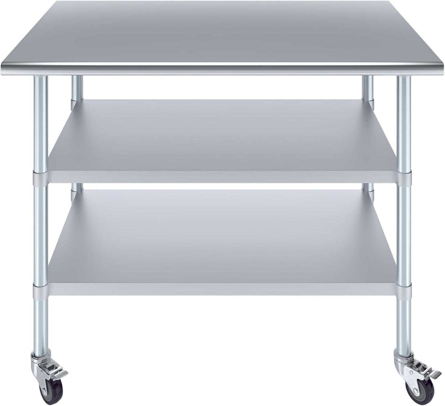 AmGood Stainless Steel Work Table with 2 Shelves and Casters | Metal Utility Table On Wheels (Stainless Steel Work Table with 2 Shelves + Casters, 48" Long x 30" Deep)