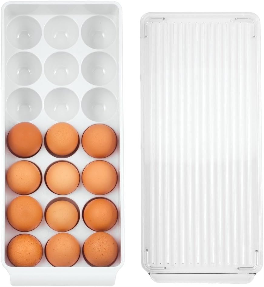 iDesign Plastic Egg Holder for Fridge with Lid - 21 Egg Storage Container Organizer Bin, Clear/White