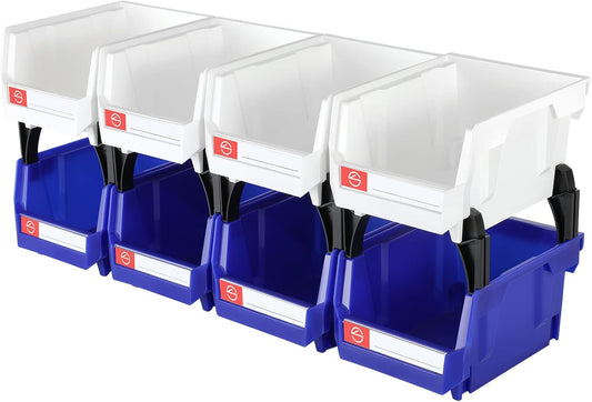 Pe&Hui Storage Organizer Bins,Wall Mount Storage Parts Rack,Stackable Shop Tool Bins for store Screws,Small Parts,Office Supplies and other Accessories (8Pack Blue&White) …