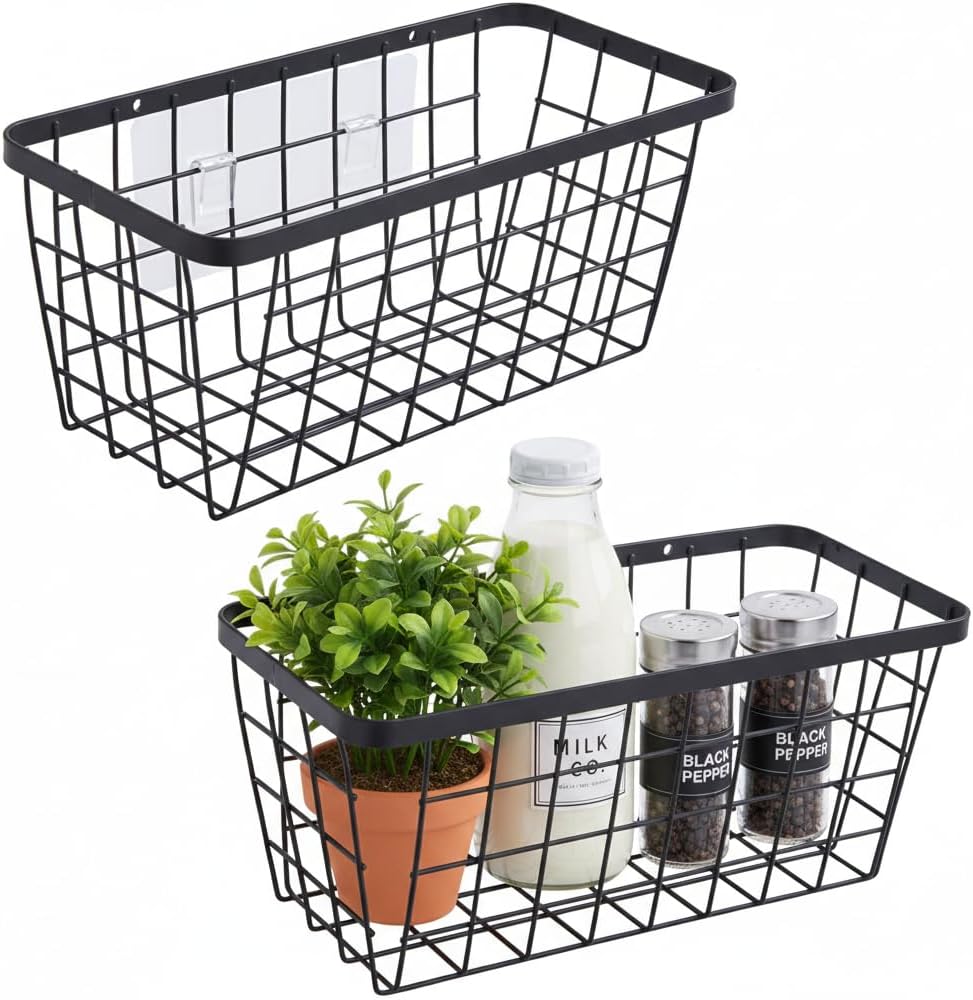 2 Pack Hanging Wall Basket Organizer Over the Cabinet Door Wire Baskets for Organizing -Space-Saving Hanging Baskets for Organizing Wall Mount Storage,No Drilling Adhesive Wall Storage Basket, Black