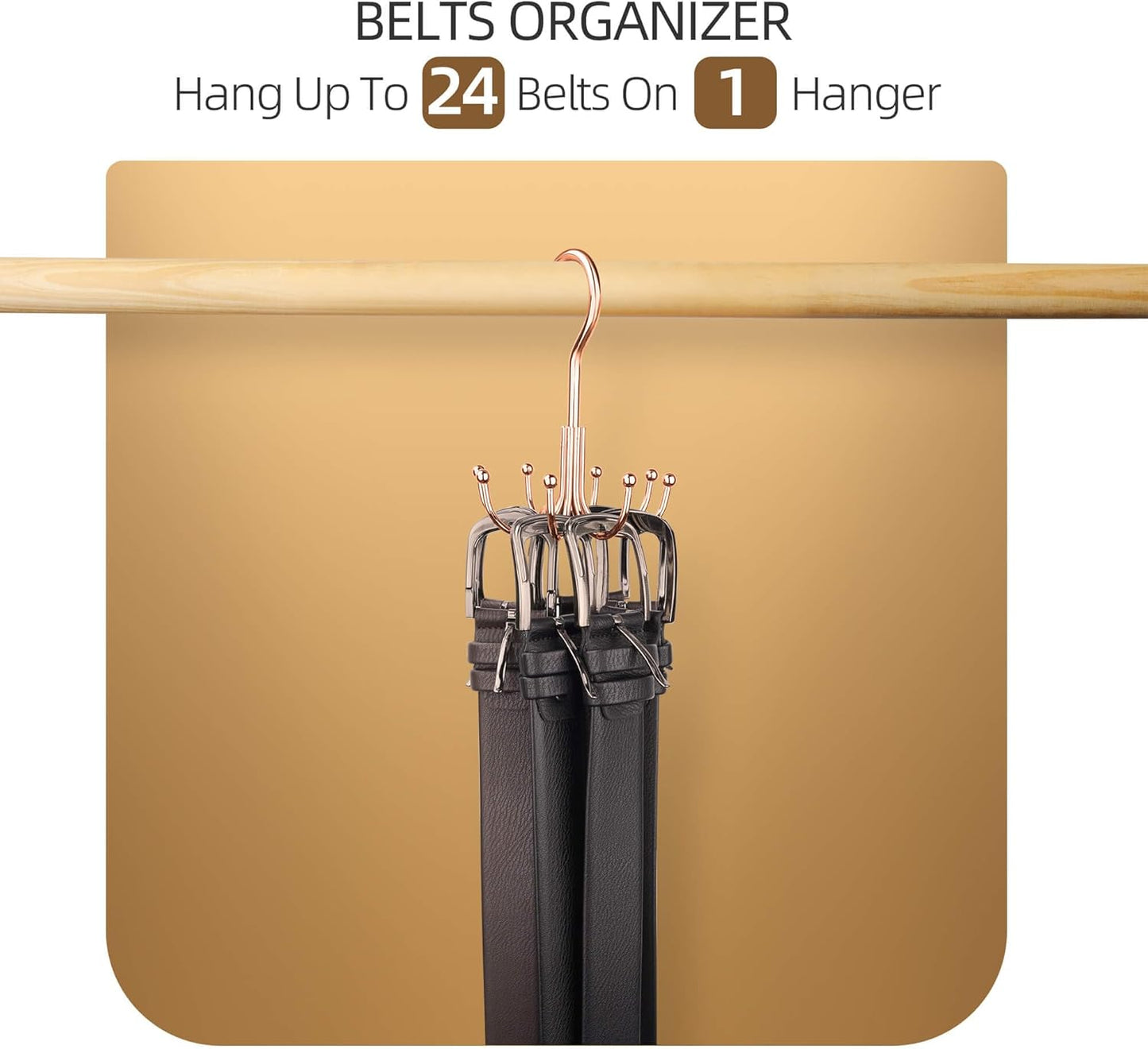 ZEDODIER Belt Hanger, Belt Rack Closet Accessories Organizer, Maximum 24 Storage Capacity, Hanging Holder Storage Hook for Belt, Bra, Tank Top, Tie, Scarf, Purse, Rose Gold