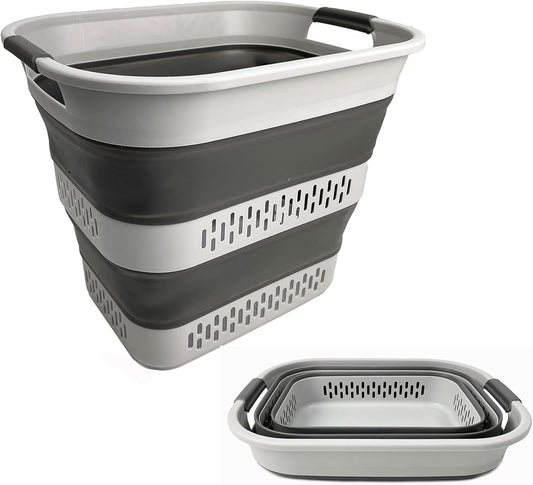SAMMART 40L (10.5 Gallon) Collapsible Plastic Laundry Basket - Foldable Pop Up Storage Container/Organizer - Portable Laundry Hamper - Space Saving (1, Grey)