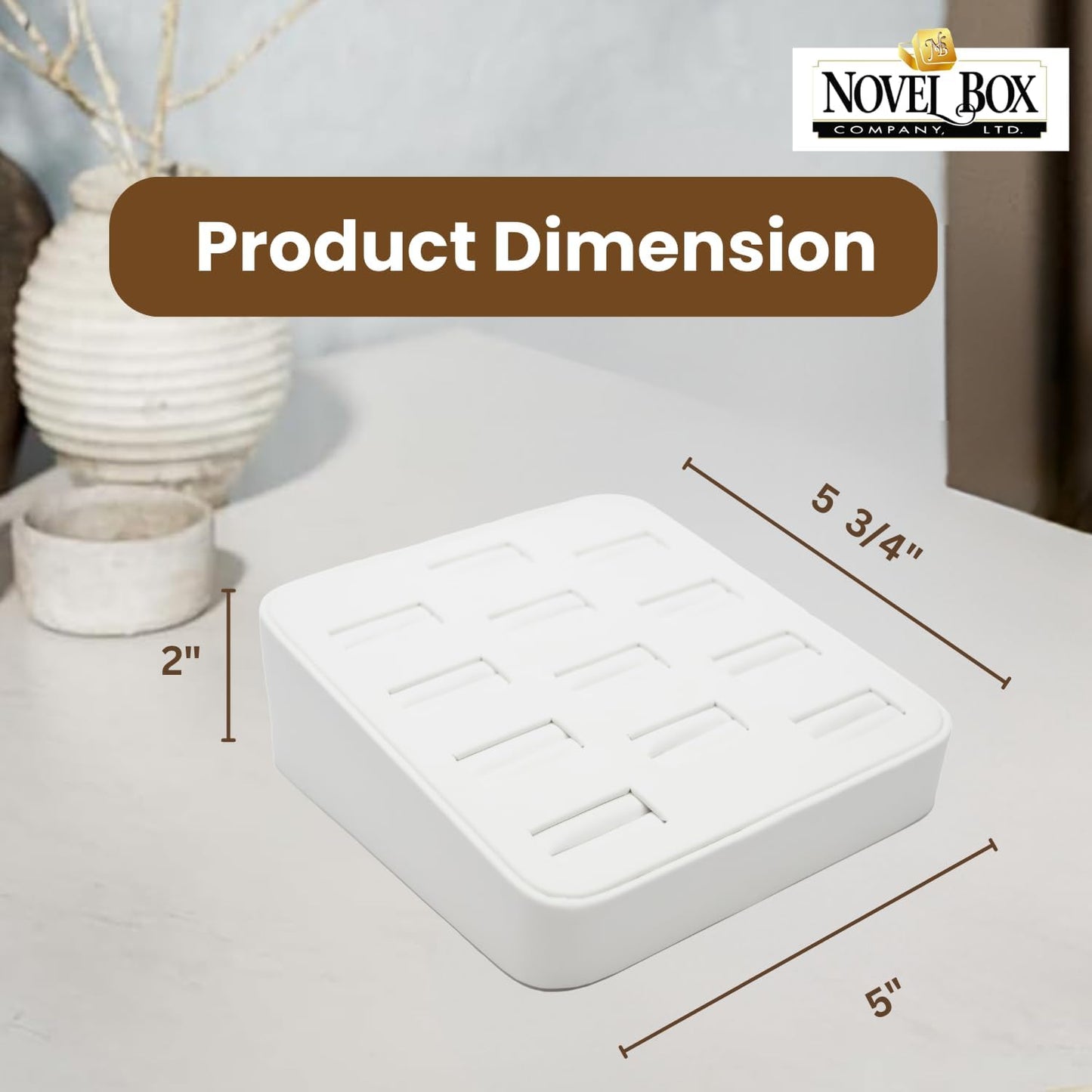 Novel Box 12-Slot White Leatherette Rings/Earrings/Cufflinks Holder Tray 5.75x5x2 Inches - Ring Holder Organizer for Selling or Personal Use - Jewelry Display Trays for Special Occasions