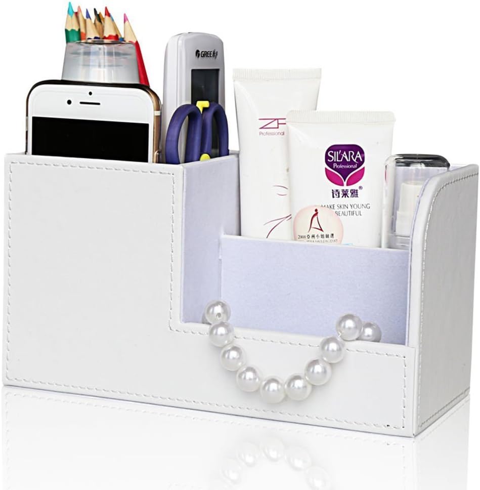 KINGFOM Desk Organizer Office Supplies Caddy Pu Leather Multi-function Storage Box Pen/Pencil,Cell phone, Business Name Cards Remote Control Holder White