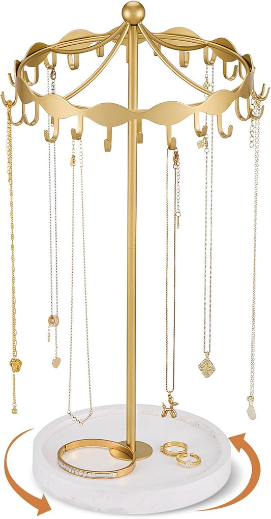 Lolalet Rotating Necklace Holder Stand with Metal Hooks, Spinning Display Carousels, Freestanding Organizer Hanger, for Long Necklaces Chains -Gold
