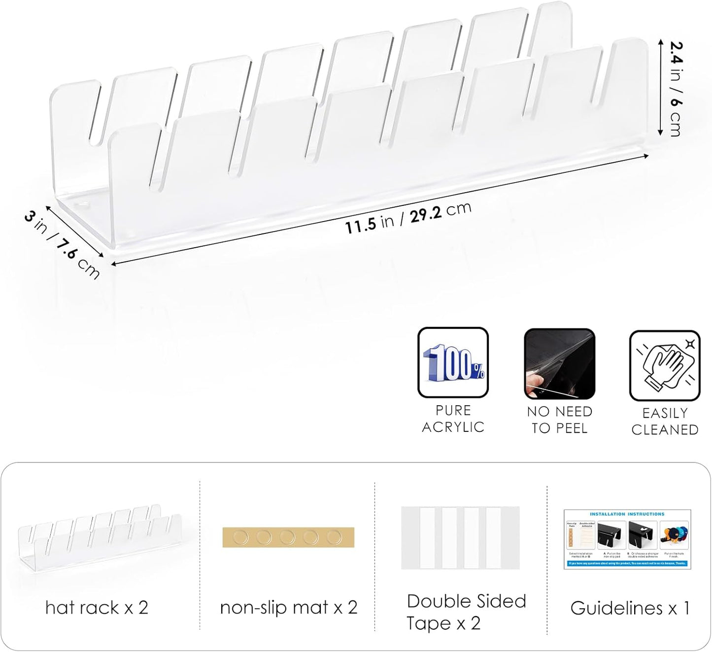 HAYVAN Hat Stand for Baseball Caps Display and Organizer - No Install Hat Organizer 2 Pack Holds 14 Baseball Caps for Closet, Bedroom, Dresser(Frosted clear acrylic)