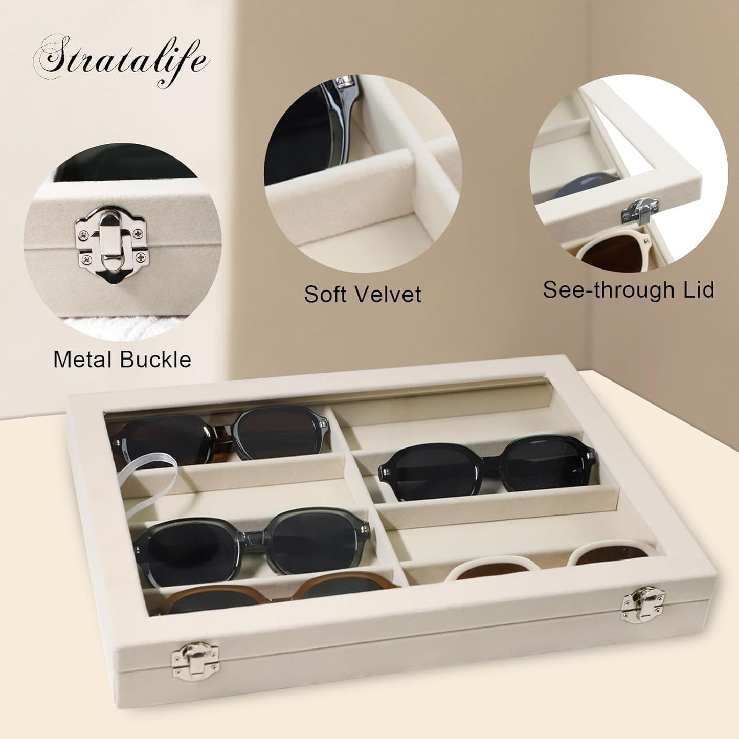 Stratalife Sunglasses Organizer Sunglass Display Tray Jewelry Tray with Lid Sunglasses Storage Case Drawer Watch Box for Men and Women Beige (8 Grids)