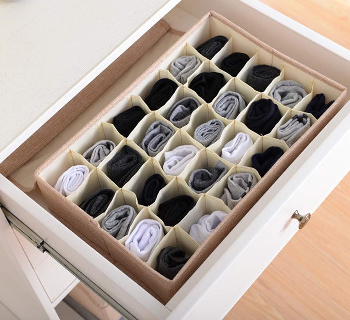 AARAINBOW 2 Packs Underwear Socks Ties Storage Organizer with Lids Foldable Closet Drawer Organizer 60 Cells, Fabric Drawer Wardrobe Divider Storage Boxes for Scarves and Lingerie (30 Cell, 2 Beige)