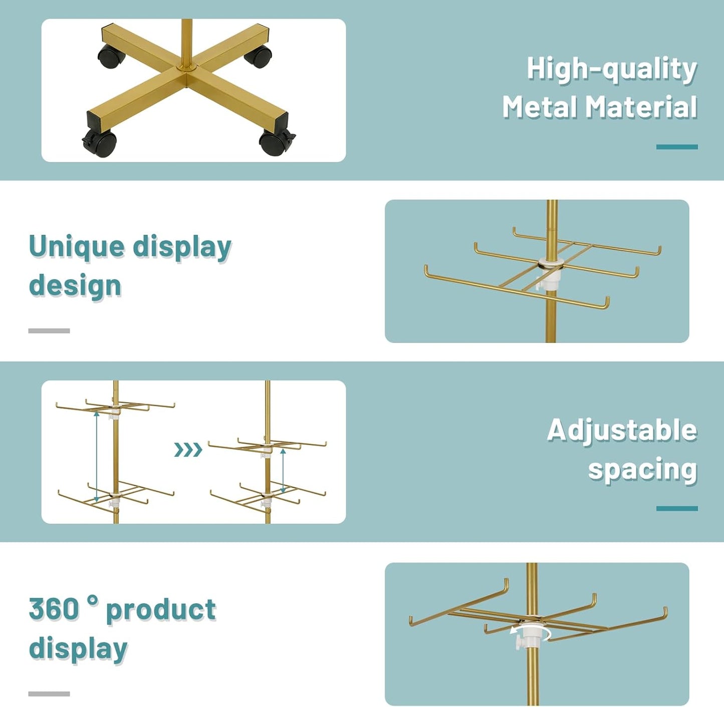 Retail Display Stand Rotating Display Stand 4 Tier Spinning Display Stand for Craft Shows, Jewelry, Keychain, Earring Adjustable Height Retail Display Racks (Gold)