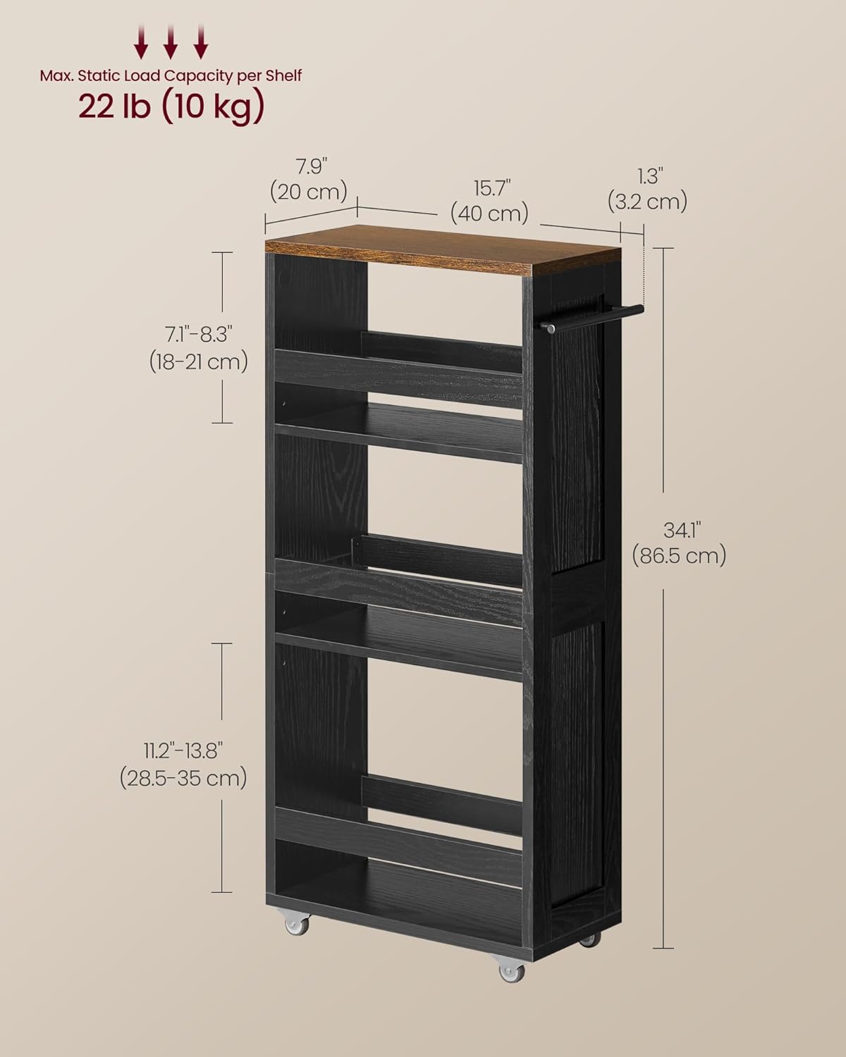 VASAGLE 4-Tier Slide-Out Storage Cart, Slim Kitchen Cart for Small Spaces, with Wheels, Handle, Bathroom, Laundry Room, 7.9 x 17 x 34.1 Inches, Ebony Black and Rustic Brown ULRC051K02