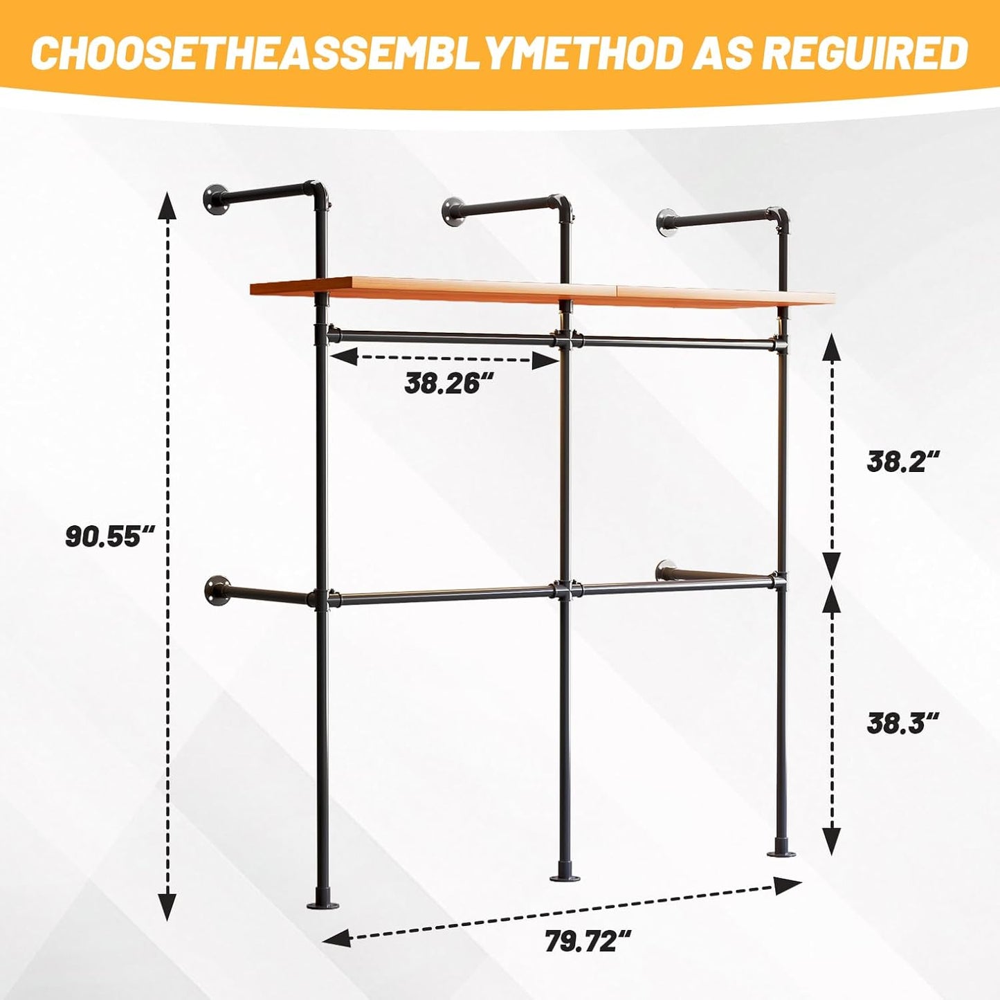 Industrial Pipe Clothing Rack, Reversible 79.7” Clothes Rack for Hanging Clothes with LED Lights, Black Wall Clothing Rack Wall Mounted Rack for Walk-in Closet, Laundry Room or Retail Display