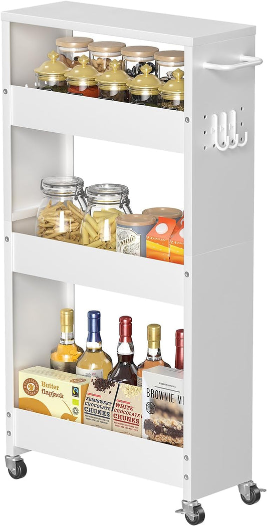 Slim Storage Cart, 4-Tier Kitchen Rolling Cart Narrow Storage Cabinet with Handle & Wheels, Metal Rolling Shelf Unit for Kitchen Bathroom Laundry Small Places (5.9IN White/White)