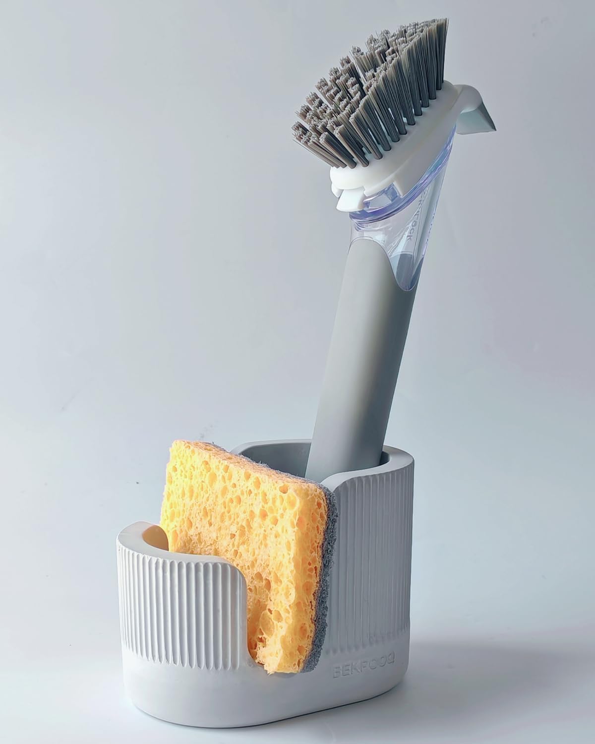 2-in-1 Diatomite Sponge Holder for Kitchen Sink, Quick-Drying Dish Sponge and Brush Holder, Dish Wand Holder, Diatomite Stone Sink Tray, Ultra Absorbent Sink Caddy Organizer, Light-Gray
