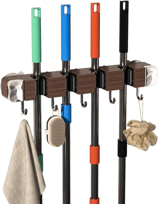 Suction Cup No Drilling Broom Holder Wall Mount, Walnut Color Mop Organizer Wall Hanging, 4 Racks 5 Hooks Tool Organizer Hanger Self Adhesive for Home, Garage, Garden, Laundry, Kitchen