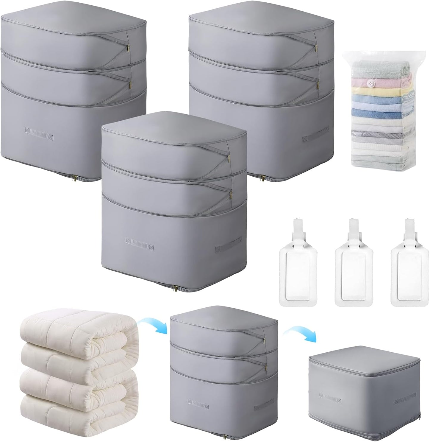 Comforter Storage Bag-Ultra Space Saving Large Self Compression Organizer for Comforters and Blanket,3-Layer Zipper Self-Compressing Organizer for Storage Bedding. (Gray, 3 Pack)