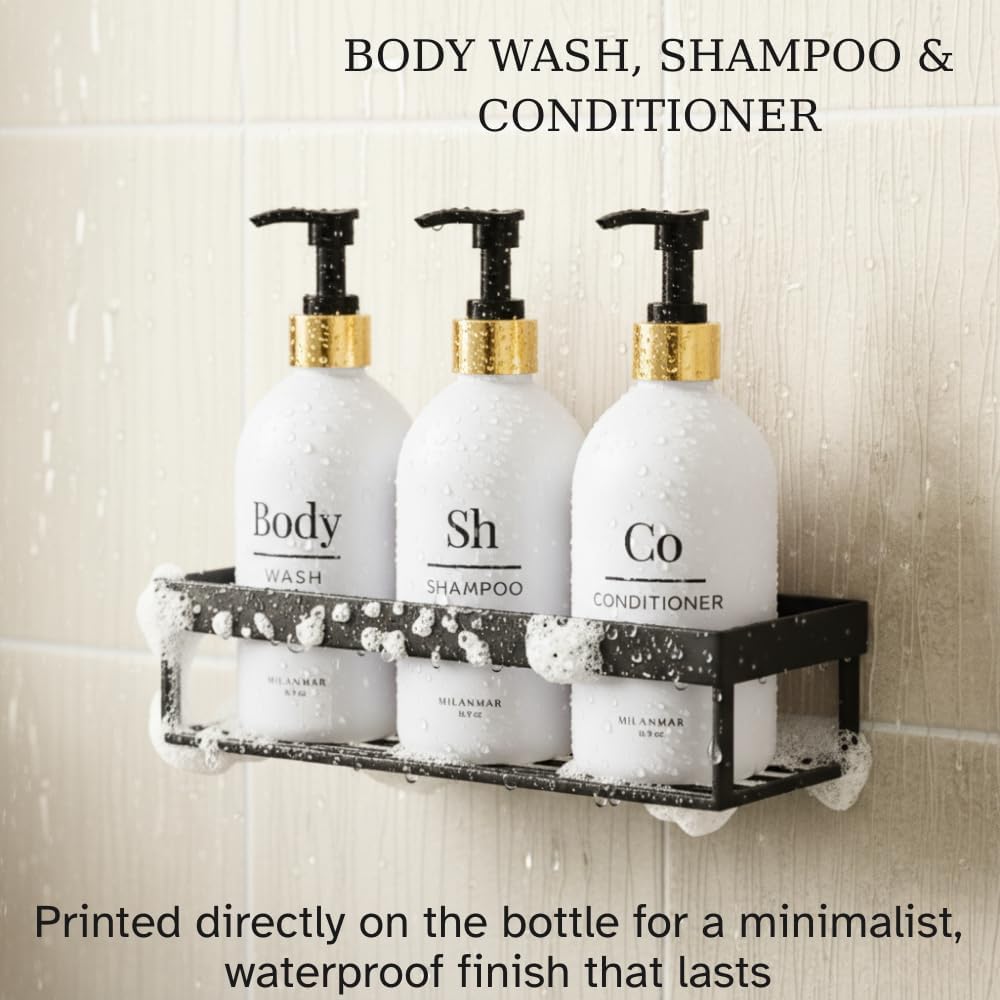 Shampoo Conditioner Body Wash Dispenser Set - Refillable Matte Plastic Cylindrical Bottles, 16.9 oz Pump Containers, Minimalist Bathroom Organization, Pack of 3, [White-Gold]