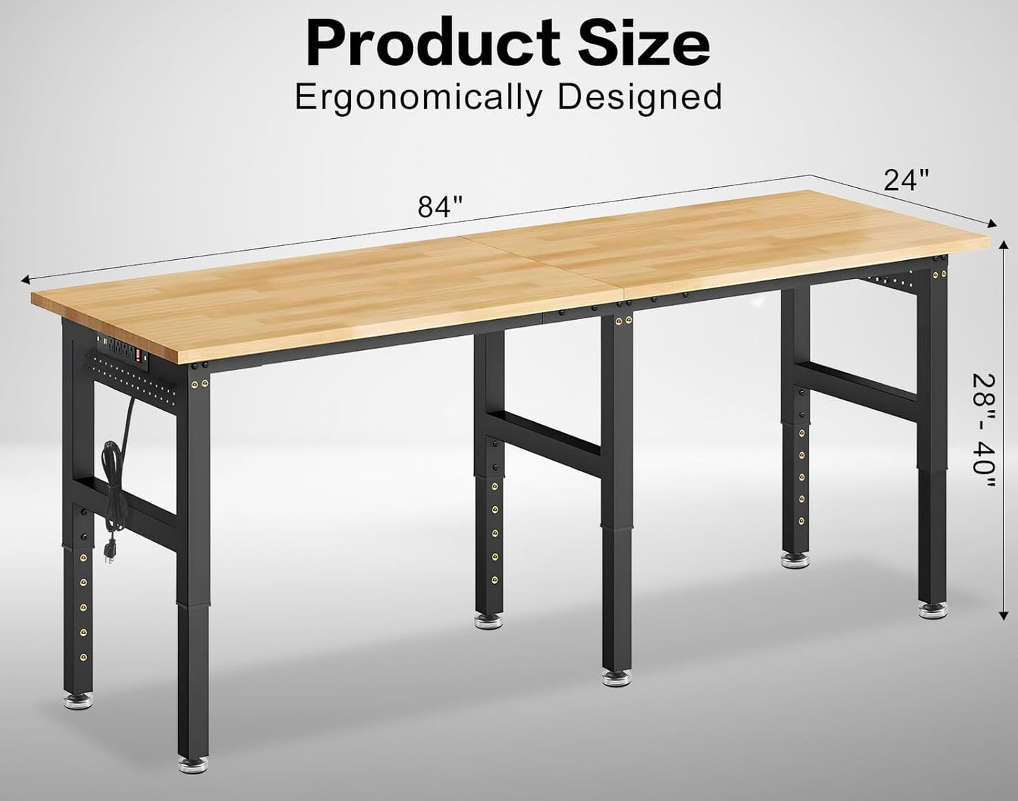 84” Heavy Duty Workbench, 5000 LBS Capacity Adjustable Work Bench with Pegboard and Power Outlet, Rubber Wood Work Table for Garage, Office, Workshop, Home