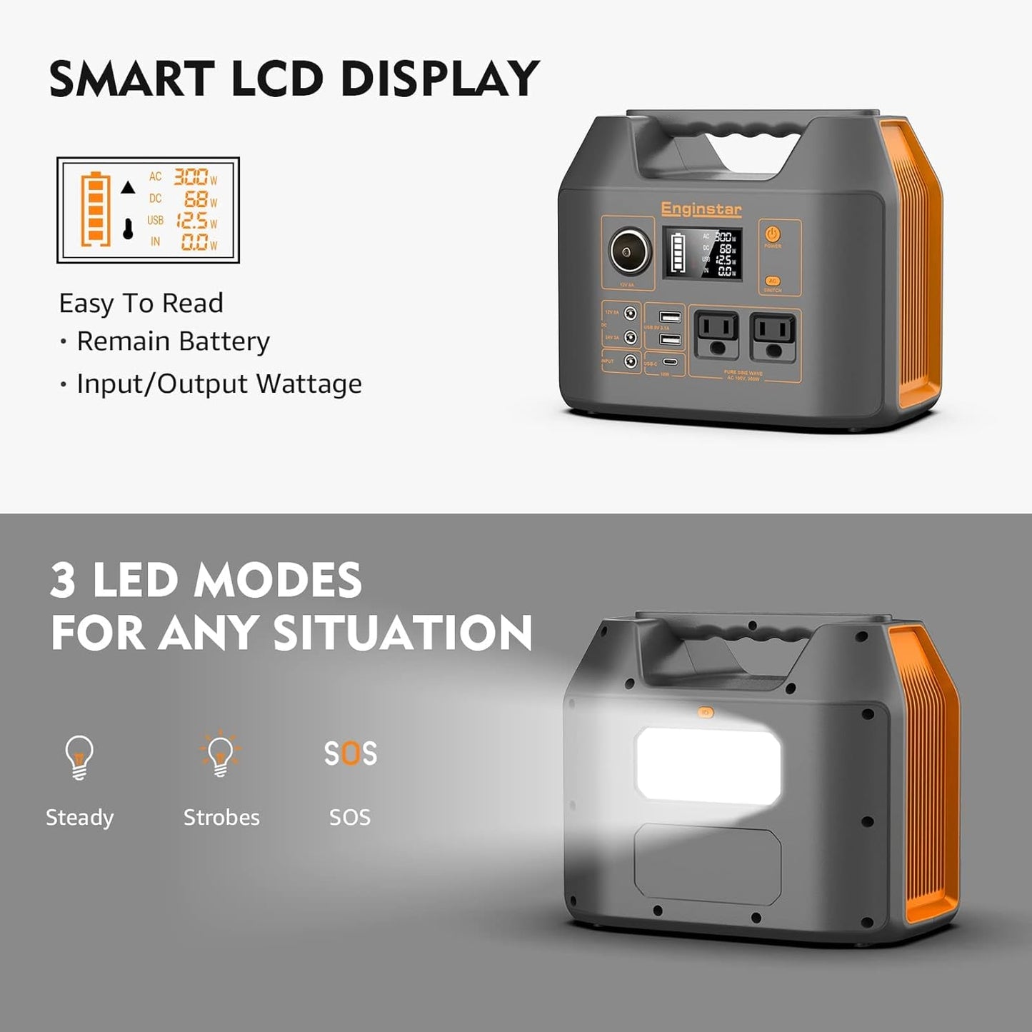 Enginstar Solar Generator, 296Wh Portable Power Station, 110V Pure Sine Wave, 80000mAh Backup Battery Power Supply for CPAP Outdoor Camping, Traveling, and Emergencies