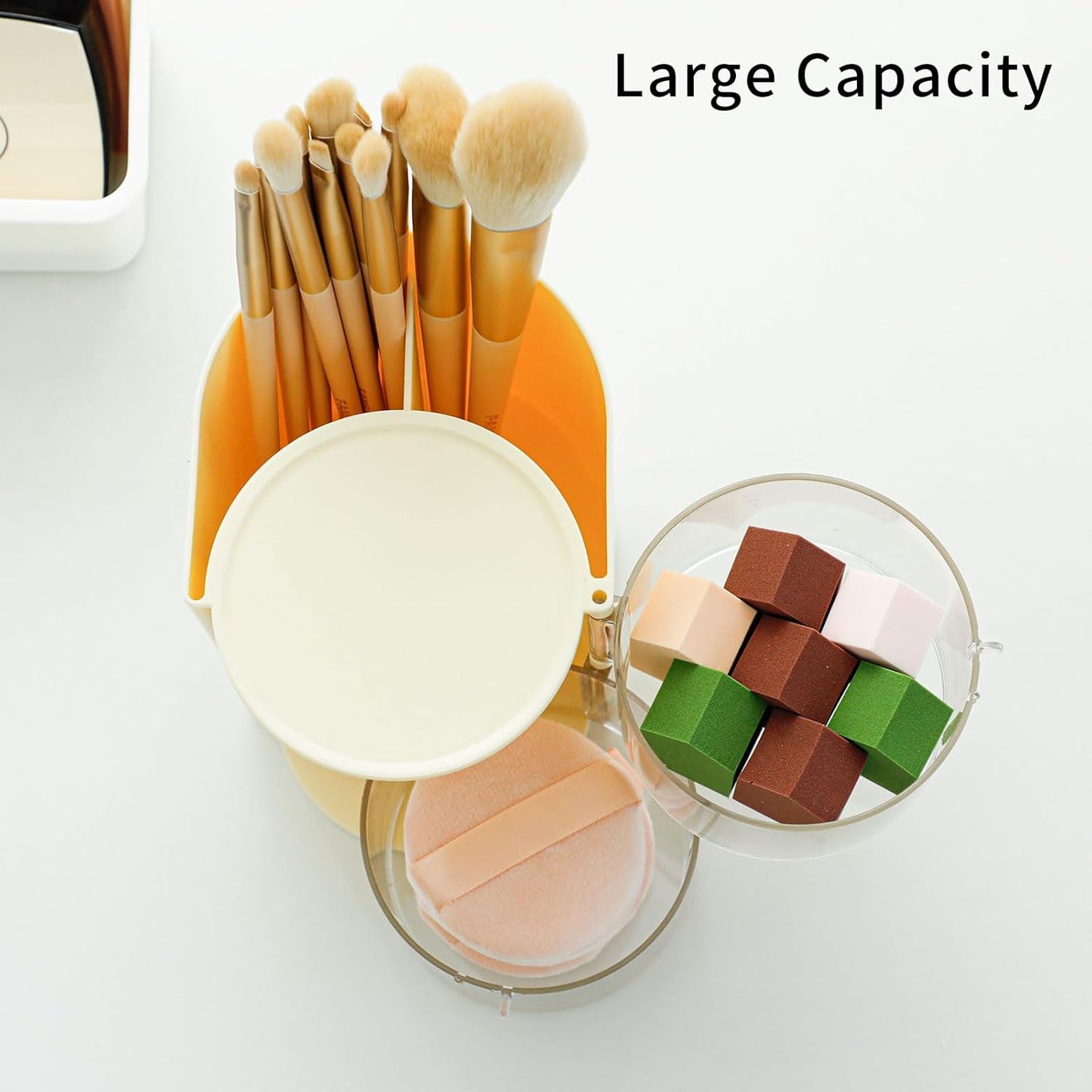 FABROK 2-Layer Clear Hair Accessories Organizer with Hair Brushes Holder, Rotatable Small Jewelry Box for Necklaces、Earring, Desktop Organizer Case for Hair Accessories, Cotton Swab(Yellow)