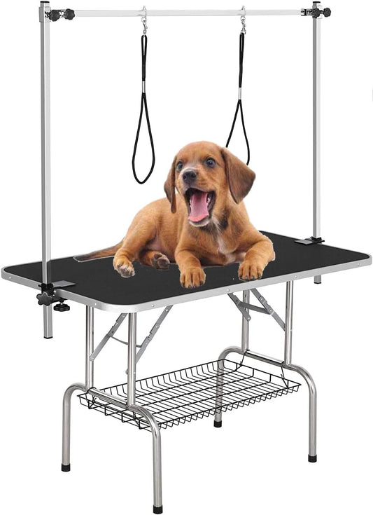46" Dog Grooming Table Foldable Pet Grooming Tables with Adjustable Arm Noose Storage Mesh Tray Maximum Capacity Up to 330lbs Black