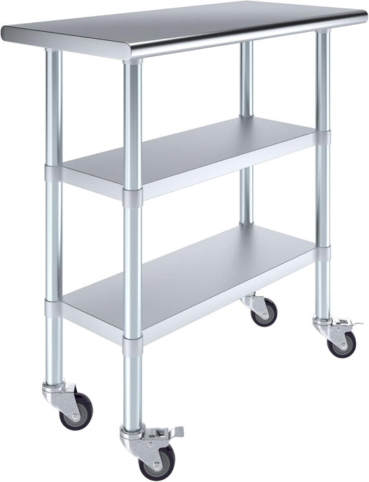 AmGood Stainless Steel Work Table with 2 Shelves and Casters | Metal Utility Table On Wheels (Stainless Steel Work Table with 2 Shelves + Casters, 36" Long x 18" Deep)