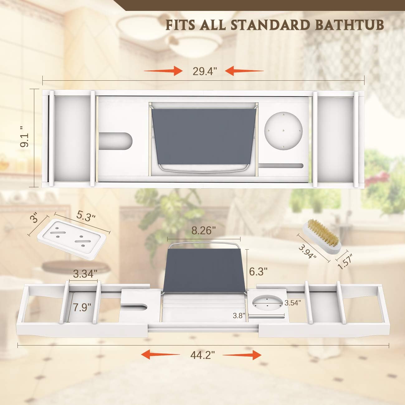 Bathtub Caddy Tray for Luxury Bath - Bamboo Waterproof Expandable Bath Table Over Tub with Wine and Book Holder and Free Soap Dish (White)