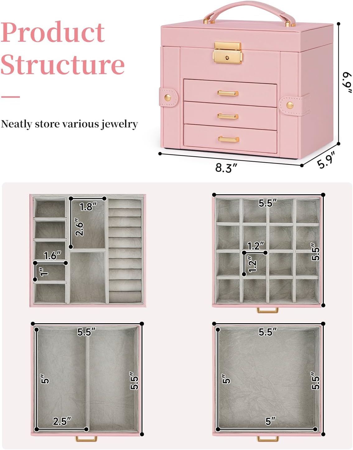 TORIBIO Jewelry Box for Women, Leather Jewelry Organizer with Mirror & Lock, 4-Tier Jewelry Storage Organizer with 3 Drawers for Girls/Women/Mothers, Necklace Earring Bracelets Holder Organizer
