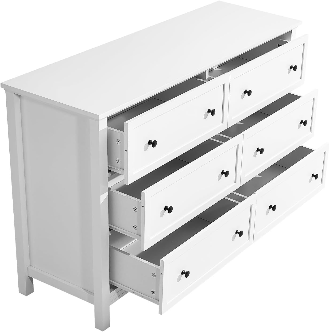 VEVOR 6 Drawer White Dresser, Wood Dresser Chest of Drawers with Middle Sliding Leg, Closet Storage Clothes Organizer for Bedroom, Living Room, Hallway, Entryway, Wide Drawer with Metal Handles