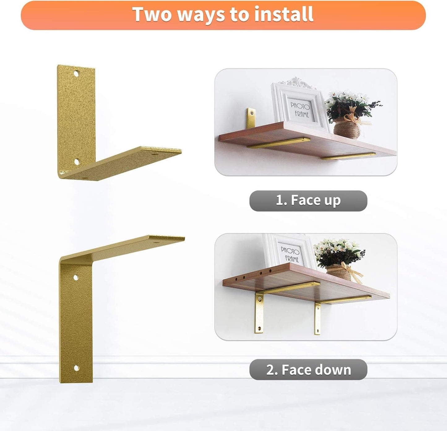 Gold Heavy Duty Shelf Brackets 12 Inch, Extra Thick L Shelving Brackets, Rustic Gold Iron Floating Shelves Wall Mounted with Hardware for DIY Open Shelving, 4 Pack