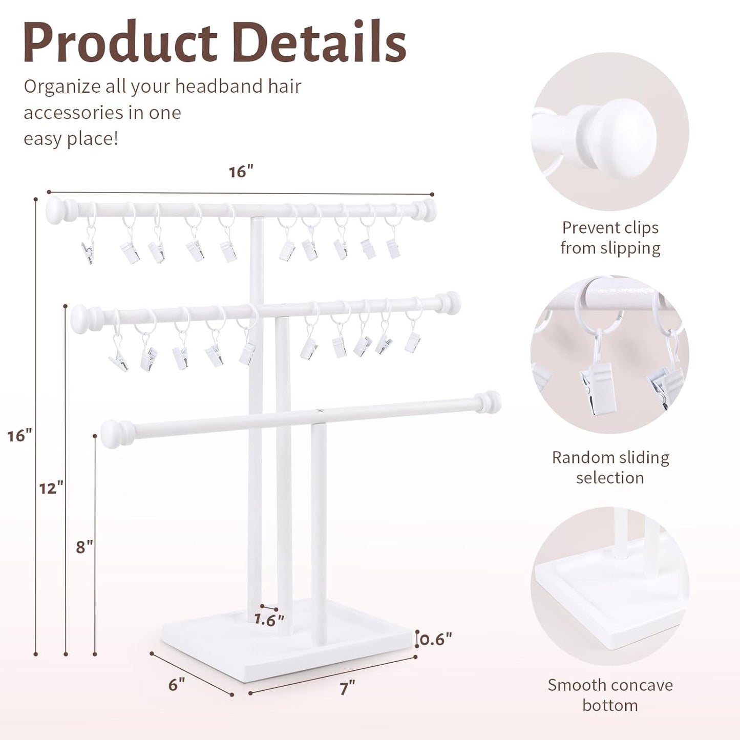 POVETIRE Headband Holder Stand Storage for Baby, 3 Tier Wooden Bow Organizer for Girls Hair Bows, Infant Hair Accessories Rack Display for Nursery Decor