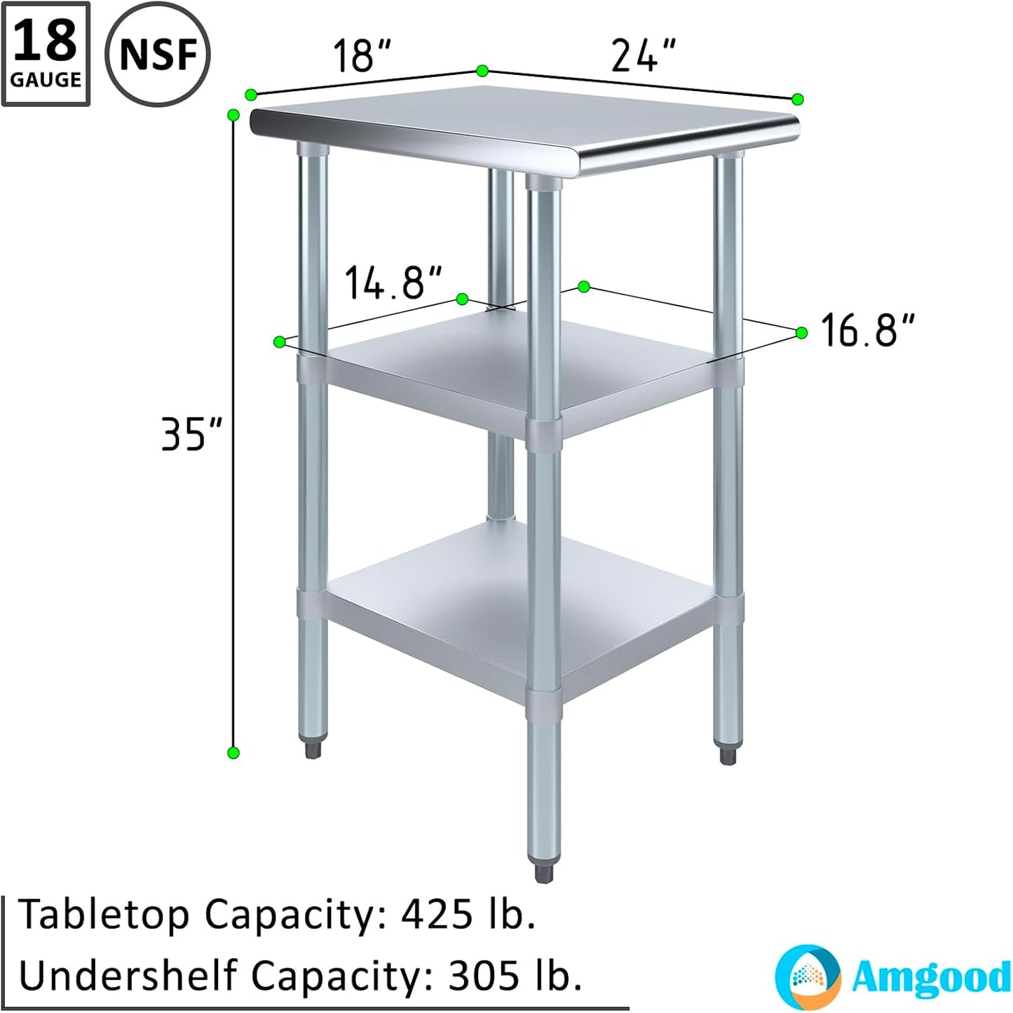 AmGood Stainless Steel Work Table with 2 Shelves | NSF | Metal Utility Table (18" Long x 24" Deep)