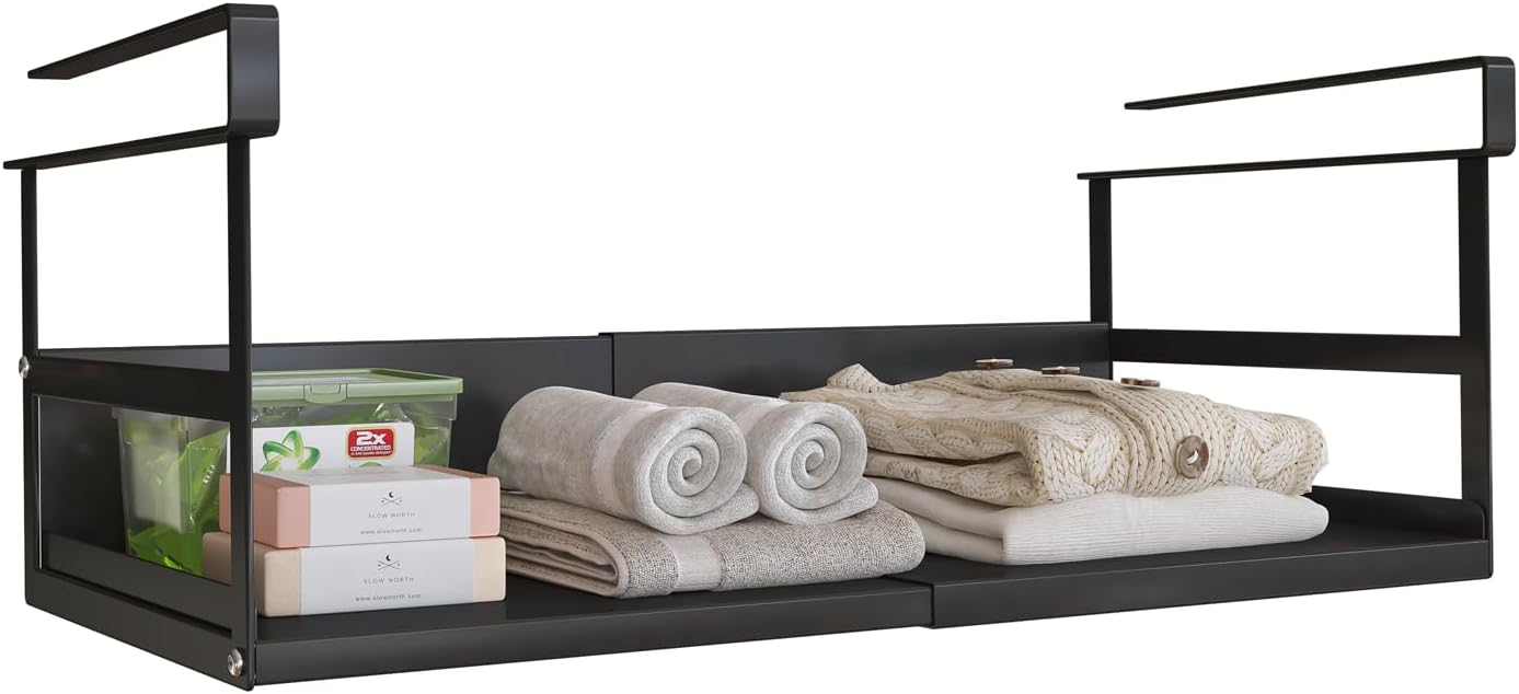Expandable Under Cabinet Shelf Organizer with 1.25 Inches Thick Clips, Heavy Duty Extendable Under Shelf Storage Basket for Pantry or Laundry Room, Black, 1 Pack, Interior: 5.7" H x 8.54" D