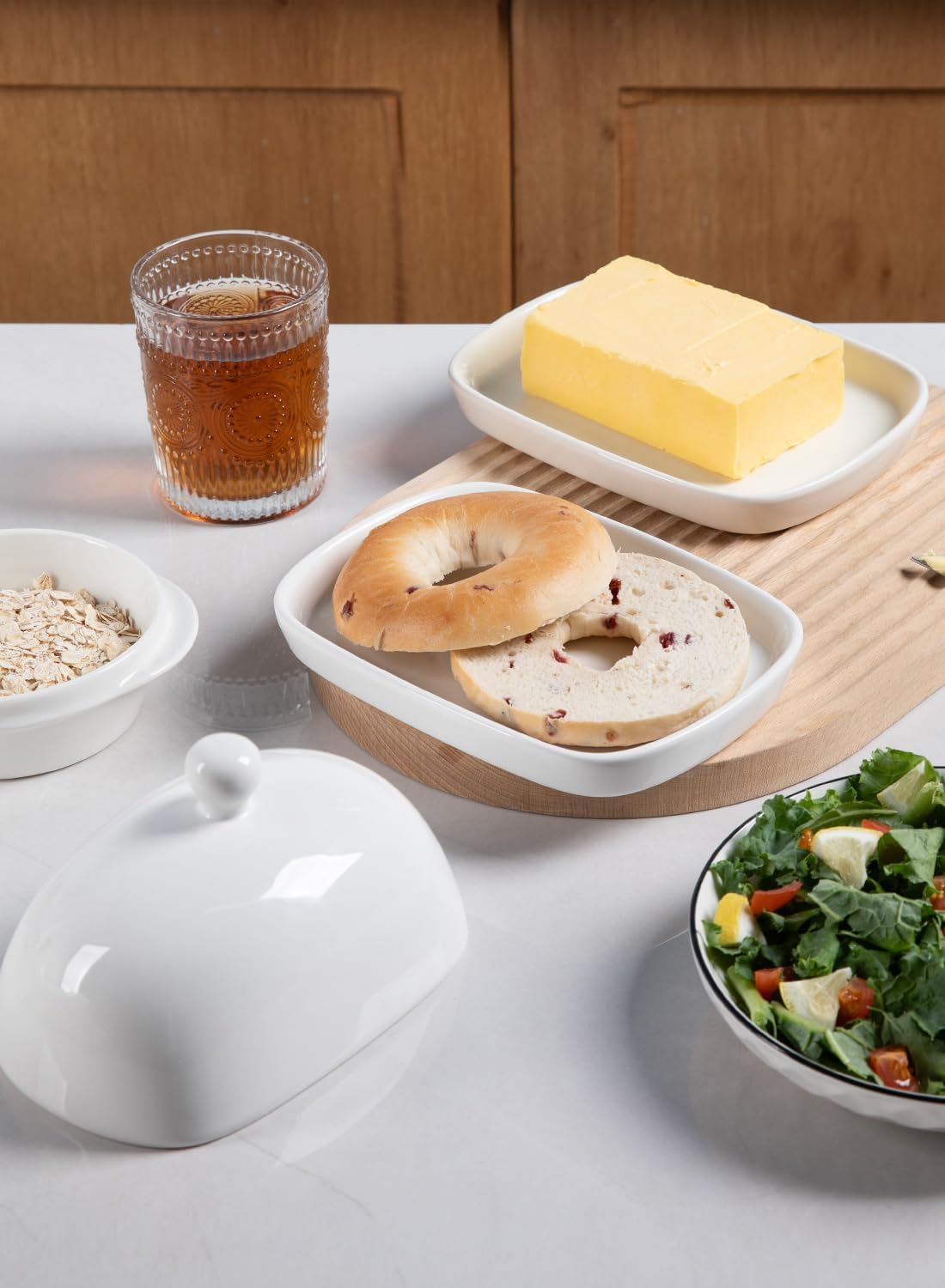 Sweejar Ceramic Butter Dish with Lid for Countertop,Porcelain Butter Keeper with Knob Handle,Butter Container for East/West Coast Butter, 7.3*4.1 inches (White)