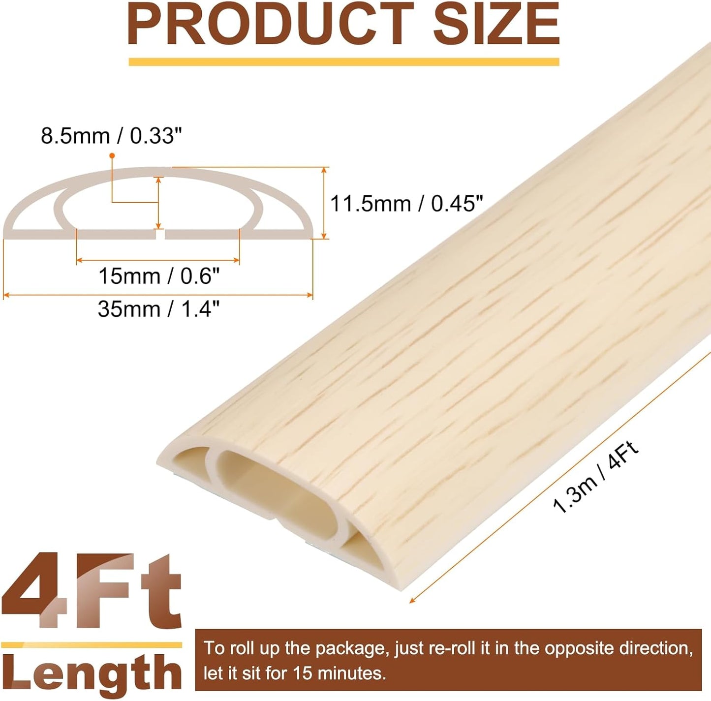 HARFINGTON 4ft Cord Cover Floor W0.6 x H0.33 Inner Channel PVC Hide Extension Cable Floor Wire Hider Wire Covers Protector for Prevent Cable Trips Cables Management, Wood Beige