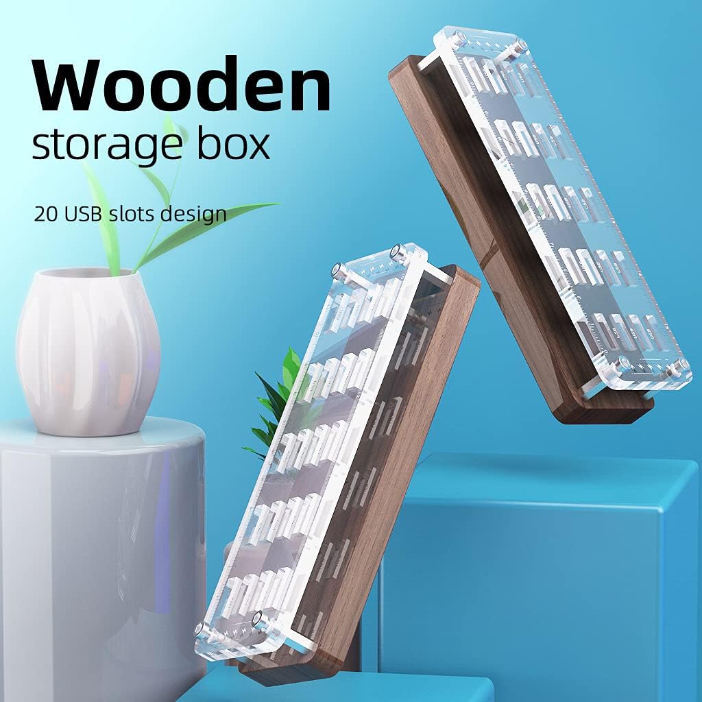 20 Slots Wooden Memory USB Flash Disk Card Case, TF Card Box and Micro SD Drive Card Holder Desk, U-Shield Memory Storage Racks
